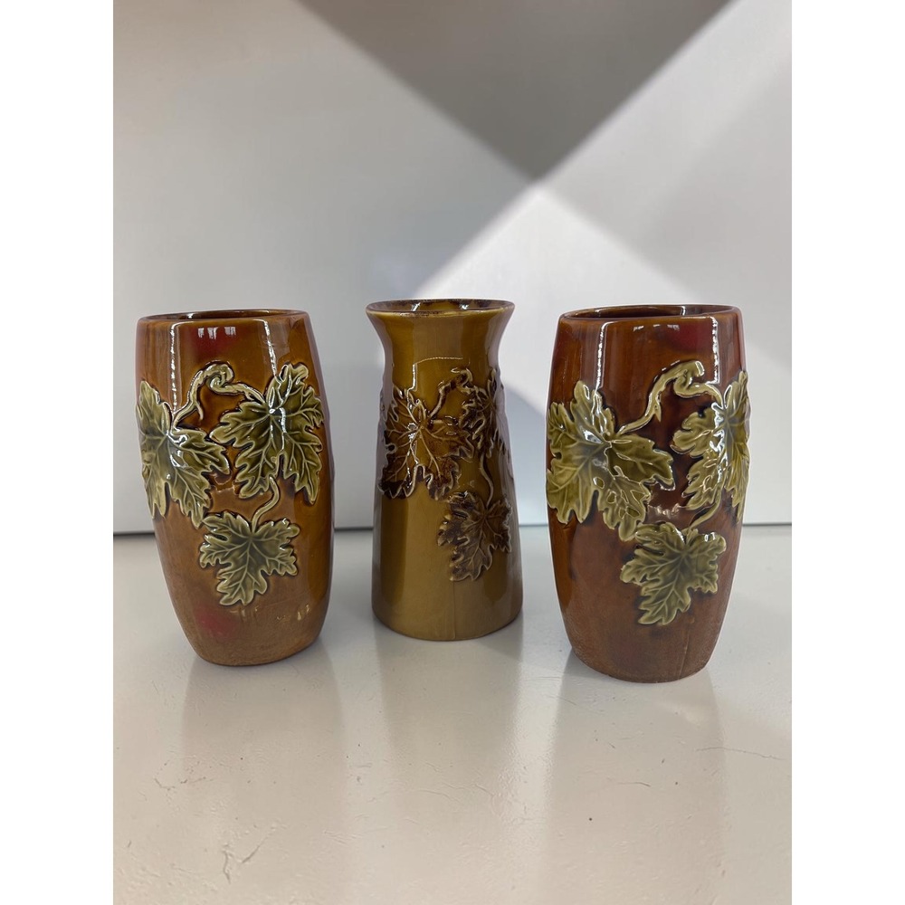 Vintage Circa 1970s Leaf Vase Set Woodland Art Pottery Brown Olive Rustic Decor